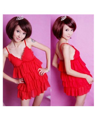 Red Pleated Chiffon Matching G-string Babydolls