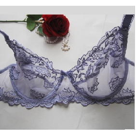 Polyester Lace Transparent Ultra-thin Wheel Embroidery Three-breasted Sexy Bras & Bra Sets